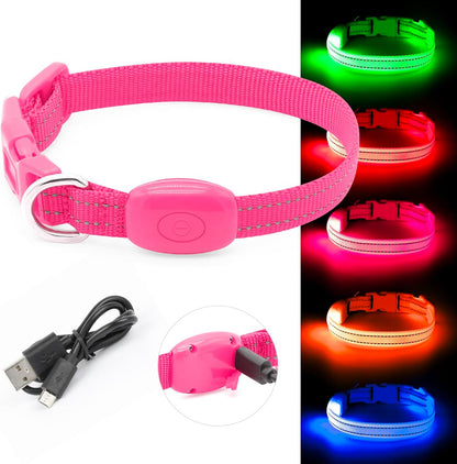 Light up Dog Collar for Small Dogs & Cats (Pink, XS) | Glow in the Dark Reflective Type- C Rechargeable Adjustable Flashing Illuminous Safety Dog Lights for Night Walking