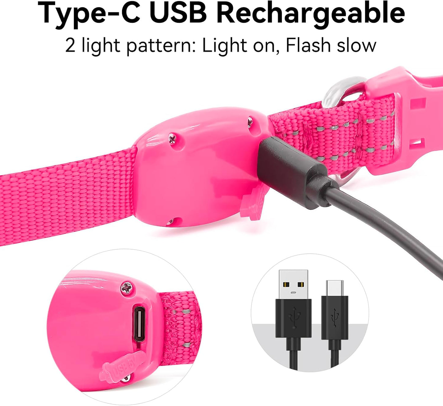 Light up Dog Collar for Small Dogs & Cats (Pink, XS) | Glow in the Dark Reflective Type- C Rechargeable Adjustable Flashing Illuminous Safety Dog Lights for Night Walking