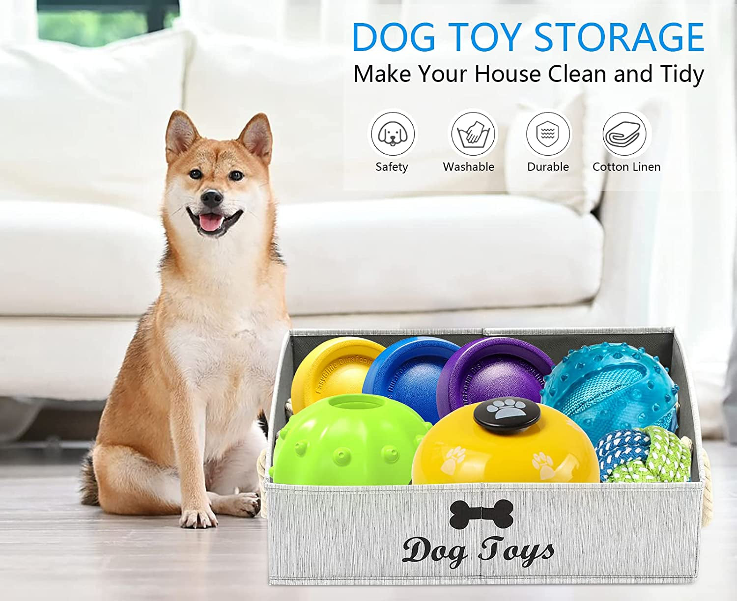 Large Dog Toy Bin Puppy Shallow Toy Basket Dog Toy Storage Perfect for Living Room Playroom Closet Home Organization - Grey Canvas