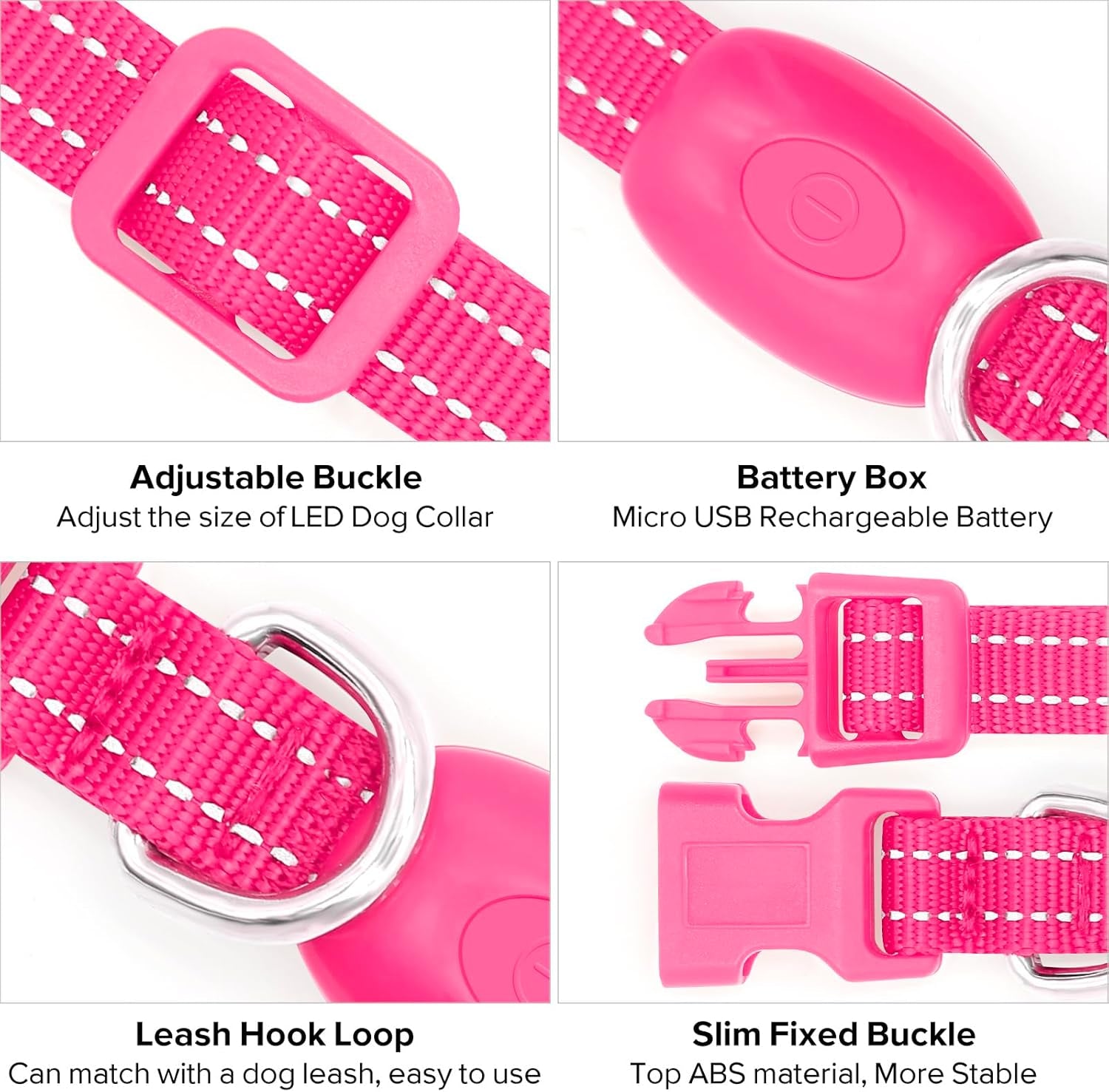 Light up Dog Collar for Small Dogs & Cats (Pink, XS) | Glow in the Dark Reflective Type- C Rechargeable Adjustable Flashing Illuminous Safety Dog Lights for Night Walking