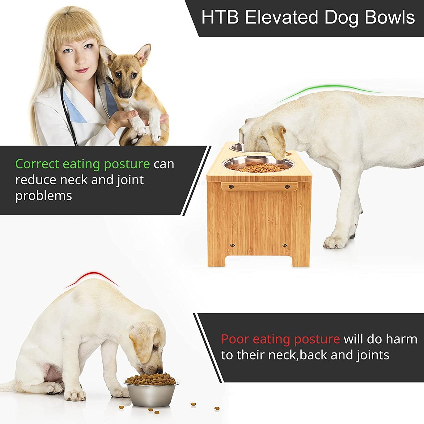 Elevated Dog Bowls,Raised Dog Bowl Stand with 2 Stainless Steel Bowls,Elevated Raised Dog Bowls for Large Medium Small Sized Dogs | Raised Dog Bowl Stand, 10"Tall, 48 Oz Bowls, for Large Sized Dogs, Pet-Safe, Solid Bamboo