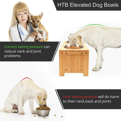 Elevated Dog Bowls,Raised Dog Bowl Stand with 2 Stainless Steel Bowls,Elevated Raised Dog Bowls for Large Medium Small Sized Dogs | Raised Dog Bowl Stand, 10"Tall, 48 Oz Bowls, for Large Sized Dogs, Pet-Safe, Solid Bamboo
