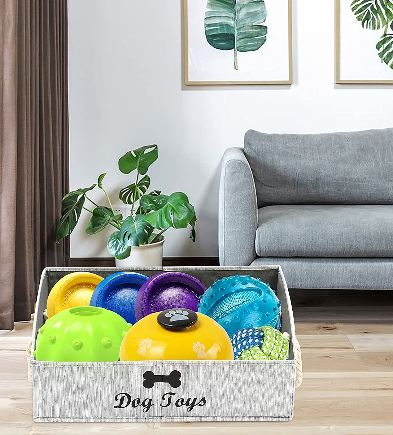 Large Dog Toy Bin Puppy Shallow Toy Basket Dog Toy Storage Perfect for Living Room Playroom Closet Home Organization - Grey Canvas