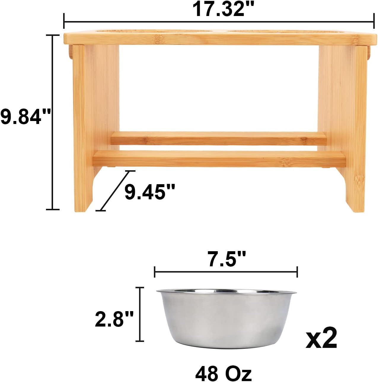 Elevated Dog Bowls,Raised Dog Bowl Stand with 2 Stainless Steel Bowls,Elevated Raised Dog Bowls for Large Medium Small Sized Dogs | Raised Dog Bowl Stand, 10"Tall, 48 Oz Bowls, for Large Sized Dogs, Pet-Safe, Solid Bamboo