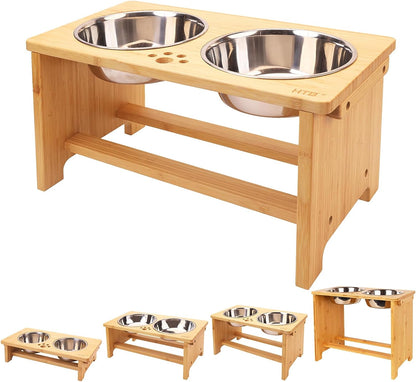 Elevated Dog Bowls,Raised Dog Bowl Stand with 2 Stainless Steel Bowls,Elevated Raised Dog Bowls for Large Medium Small Sized Dogs | Raised Dog Bowl Stand, 10"Tall, 48 Oz Bowls, for Large Sized Dogs, Pet-Safe, Solid Bamboo